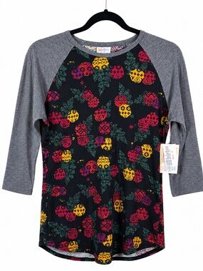 LuLaRoe Randy Tee M Floral Raglan Black Gray Stretch Soft NWT